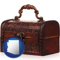 arizona map icon and an antique wooden chest