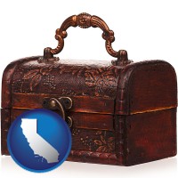 california map icon and an antique wooden chest
