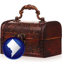 washington-dc map icon and an antique wooden chest