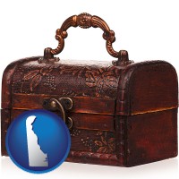 delaware map icon and an antique wooden chest