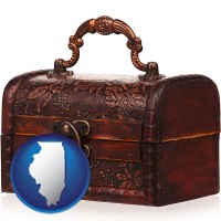 illinois map icon and an antique wooden chest