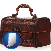 indiana map icon and an antique wooden chest