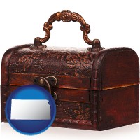 kansas map icon and an antique wooden chest