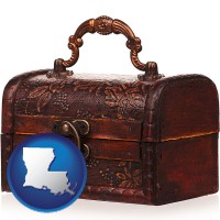 louisiana map icon and an antique wooden chest