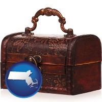 massachusetts map icon and an antique wooden chest