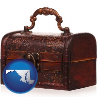maryland map icon and an antique wooden chest