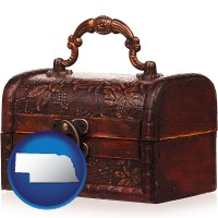 nebraska map icon and an antique wooden chest