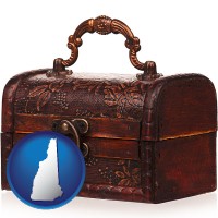 new-hampshire map icon and an antique wooden chest
