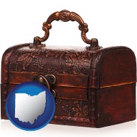 ohio map icon and an antique wooden chest