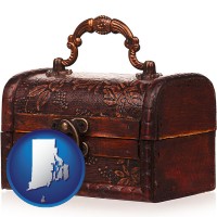 rhode-island map icon and an antique wooden chest