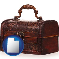 utah map icon and an antique wooden chest