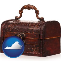 virginia map icon and an antique wooden chest