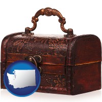 washington map icon and an antique wooden chest