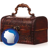 wisconsin map icon and an antique wooden chest