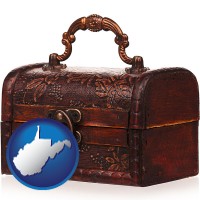 west-virginia map icon and an antique wooden chest