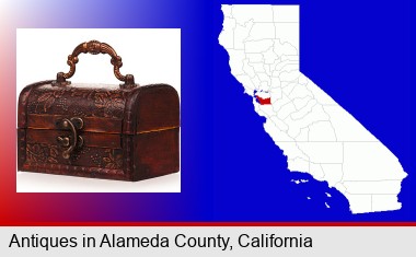 an antique wooden chest; Alameda County highlighted in red on a map