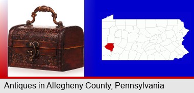 an antique wooden chest; Allegheny County highlighted in red on a map