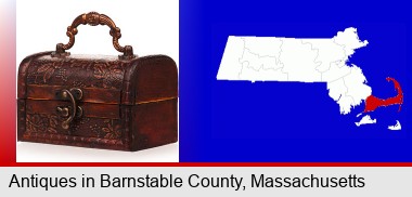 an antique wooden chest; Barnstable County highlighted in red on a map