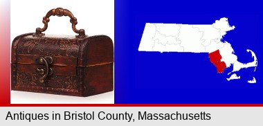 an antique wooden chest; Bristol County highlighted in red on a map