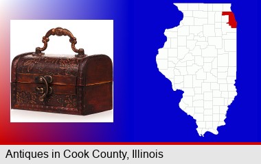 an antique wooden chest; Cook County highlighted in red on a map