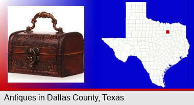 an antique wooden chest; Dallas County highlighted in red on a map