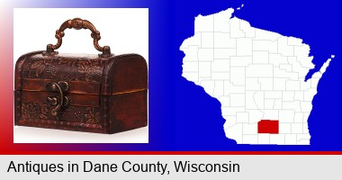 an antique wooden chest; Dane County highlighted in red on a map