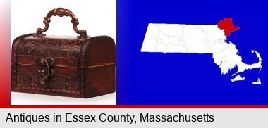 an antique wooden chest; Essex County highlighted in red on a map