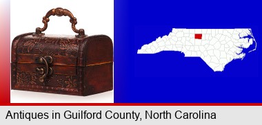 an antique wooden chest; Guilford County highlighted in red on a map