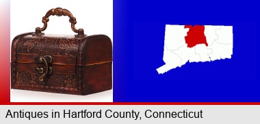 an antique wooden chest; Hartford County highlighted in red on a map