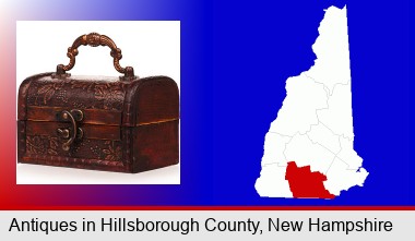 an antique wooden chest; Hillsborough County highlighted in red on a map