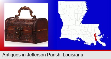 an antique wooden chest; Jefferson Parish highlighted in red on a map