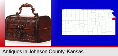 an antique wooden chest; Johnson County highlighted in red on a map