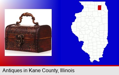 an antique wooden chest; Kane County highlighted in red on a map