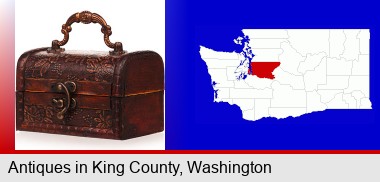 an antique wooden chest; King County highlighted in red on a map