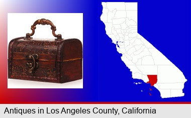 an antique wooden chest; Los Angeles County highlighted in red on a map