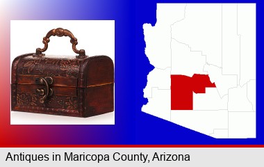 an antique wooden chest; Maricopa County highlighted in red on a map