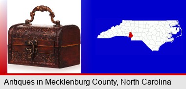 an antique wooden chest; Mecklenburg County highlighted in red on a map