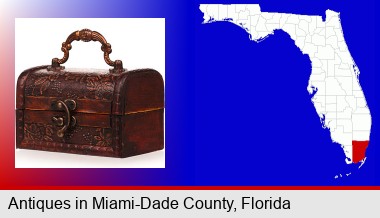 an antique wooden chest; Miami-Dade County highlighted in red on a map