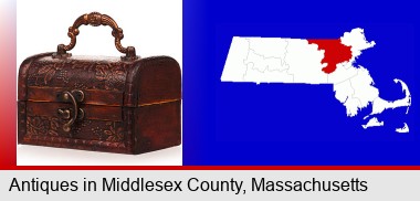 an antique wooden chest; Middlesex County highlighted in red on a map