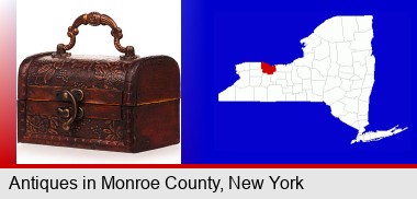 an antique wooden chest; Monroe County highlighted in red on a map