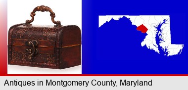 an antique wooden chest; Montgomery County highlighted in red on a map