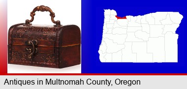 an antique wooden chest; Multnomah County highlighted in red on a map