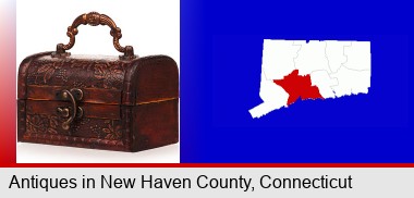 an antique wooden chest; New Haven County highlighted in red on a map