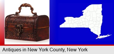 an antique wooden chest; New York County highlighted in red on a map