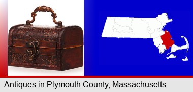 an antique wooden chest; Plymouth County highlighted in red on a map