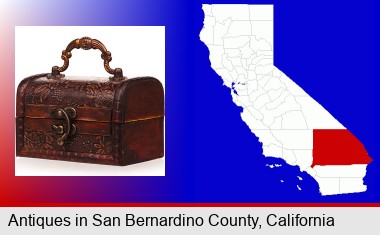 an antique wooden chest; San Bernardino County highlighted in red on a map