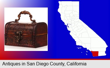 an antique wooden chest; San Diego County highlighted in red on a map