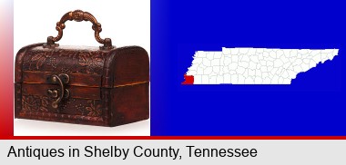 an antique wooden chest; Shelby County highlighted in red on a map