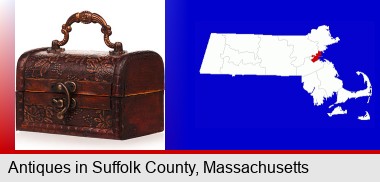 an antique wooden chest; Suffolk County highlighted in red on a map