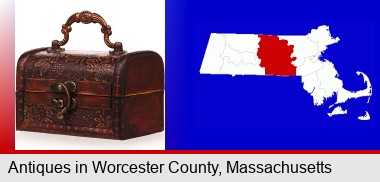 an antique wooden chest; Worcester County highlighted in red on a map